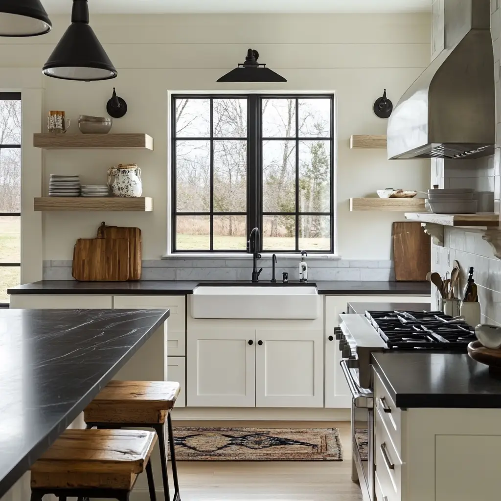 Black Countertops with Open Shelving