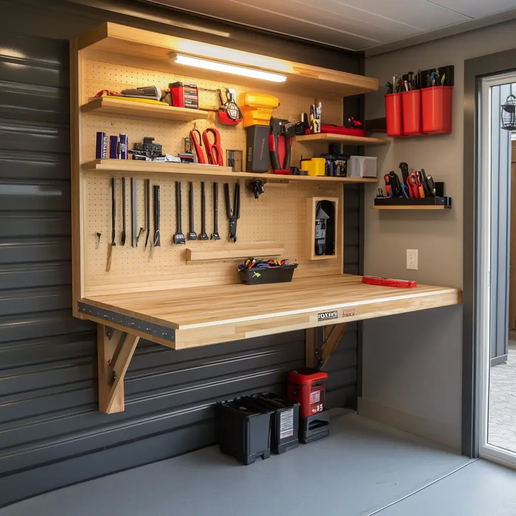 Fold-Down Workbench with Shelves