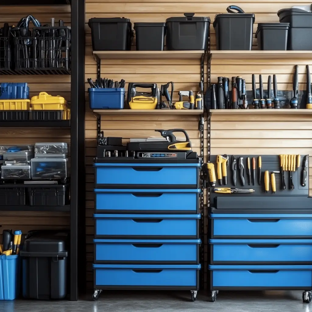 Use Stackable Toolboxes or Storage Cabinets
