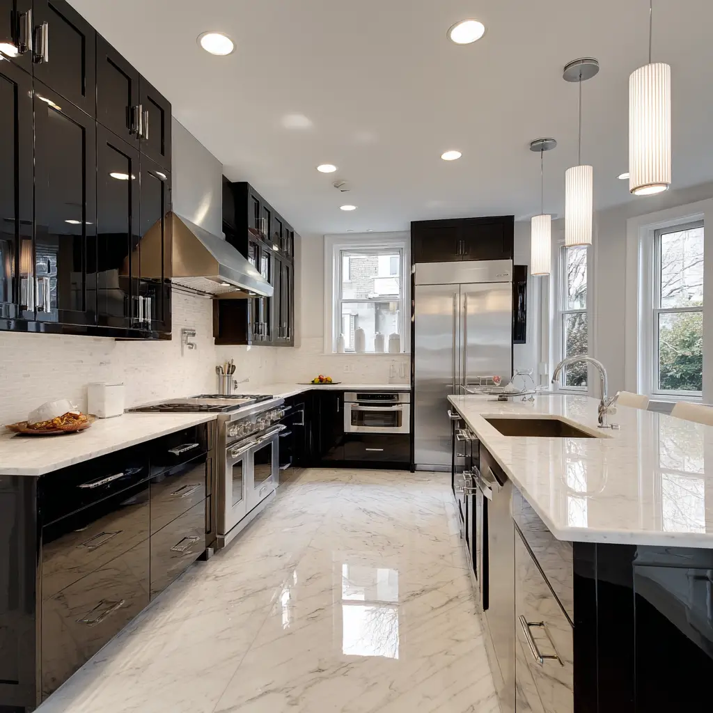  Black Cabinets and White Marble Countertops