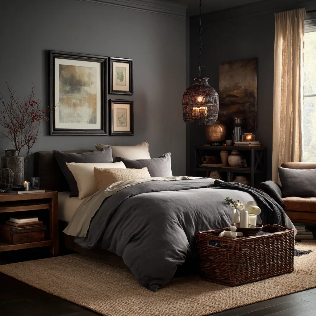 Charcoal Walls with Light Bedding