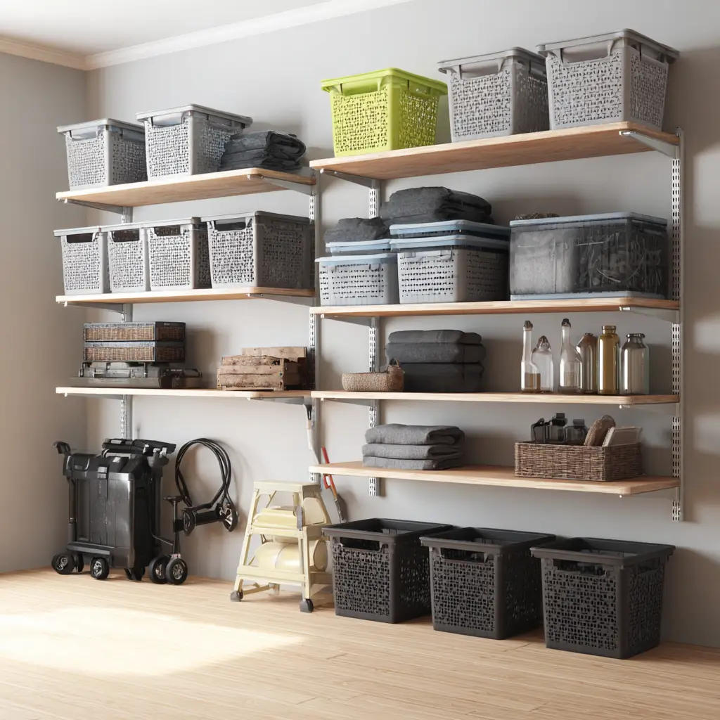 Fold-Down Storage Bins on Shelves