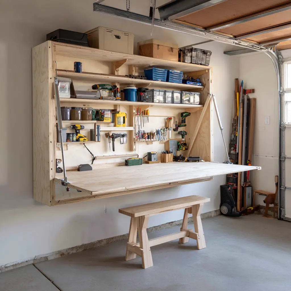 Fold-Down Workbench with Shelving