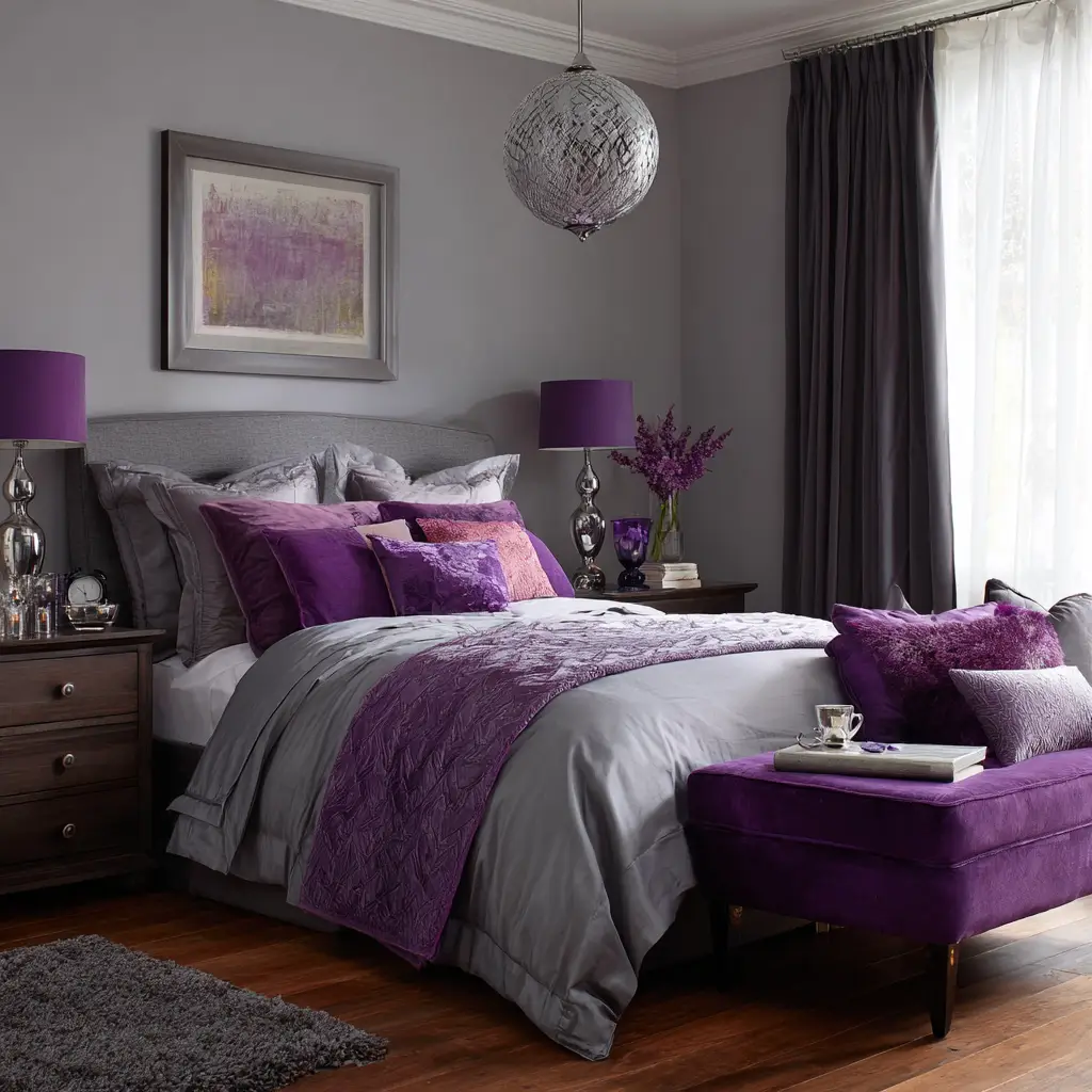 . Grey Wood Furniture with Purple Accessories
