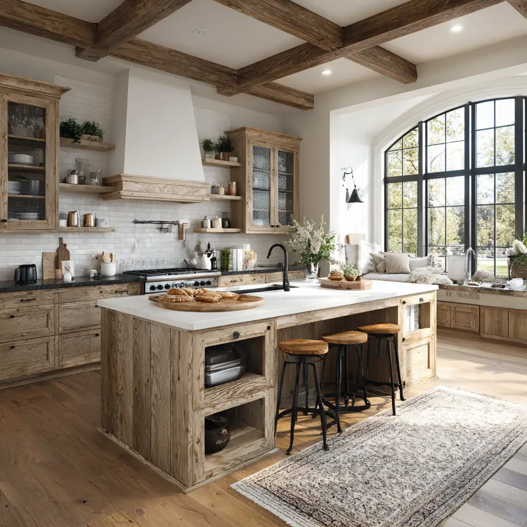 . Rustic Farmhouse Kitchen with a Workstation Island
