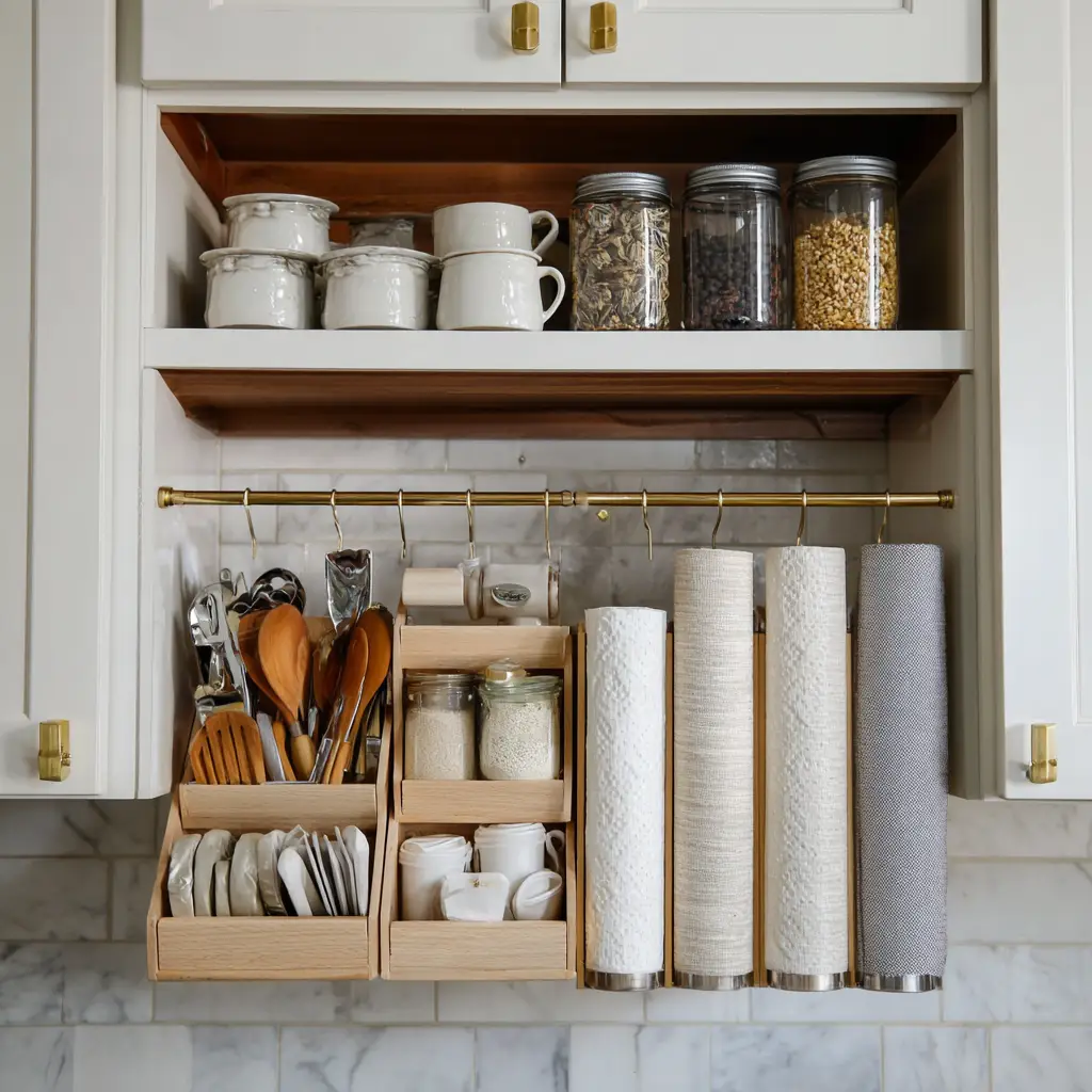 Use Tension Rods to Divide Cabinets